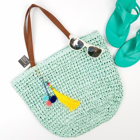 Parade Street Handbags - Aqua Raffia Crochet Tote Bag Pom Pom Tassel